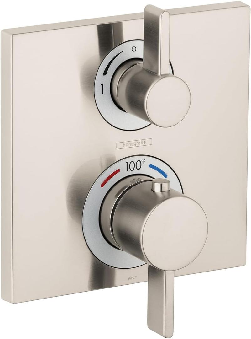 hansgrohe Ecostat Square Modern Thermostatic Shower Valve Trim with Temperature Control and Diverter in Brushed Nickel, 15714821