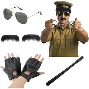 2 x Mepase 5 Pcs Halloween Cop Costume Men Lieutenant Police Costume Accessories Set Border Patrol Outfits Include Sunglasses, Baton, Fingerless Gloves and Mustache Funny Halloween Cosplay Adult
