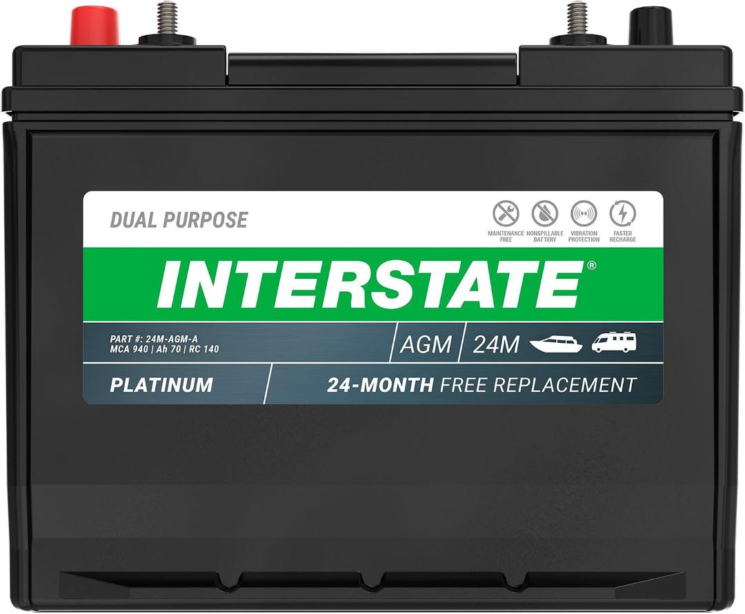Interstate Batteries Marine/RV Battery 12V 70Ah 750CCA (24M-AGM) Dual Purpose Power Pure Lead AGM RV & Marine Starting Replacement Battery (Group Size 24) Boats, RV's