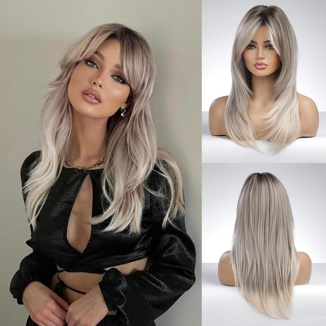 Honygebia Brown Blonde Wig with Bangs - Long Wavy Ombre Curtain Bang Wigs for Women, Brown to Blonde Light Ash Dark Roots Synthetic Hair, Heat Resistant Natural Cute Wigs for Halloween/Christmas