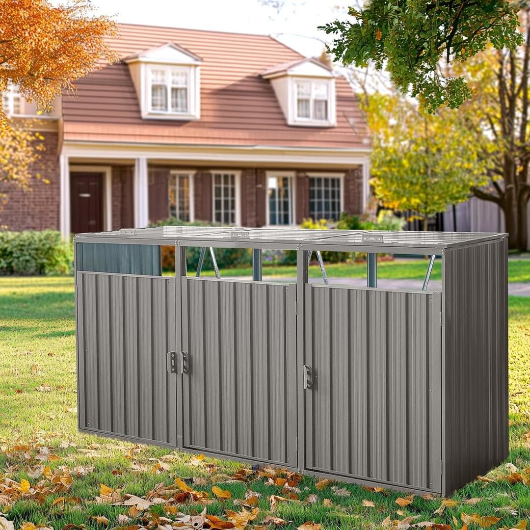 Outdoor Storage Shed Waterproof Garbage Bin Shed Stainless Container Storage for 3 Cans Galvanized Steel Garbage Can Hider for Patio Garden Lawn, Gray