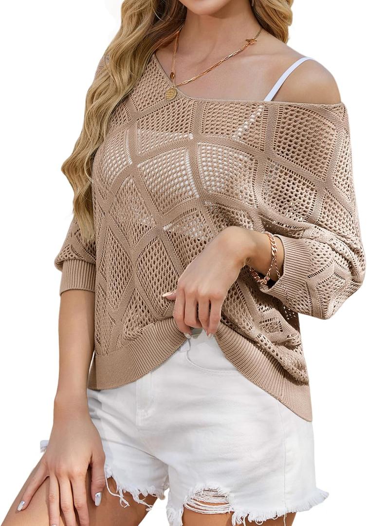 HUSKARY Beach Vacation Clothes for Women 2026 Trendy Spring Summer V Neck Casual 3/4 Sleeve Off Shoulder Crochet Cover Up Top (Beige, XL)