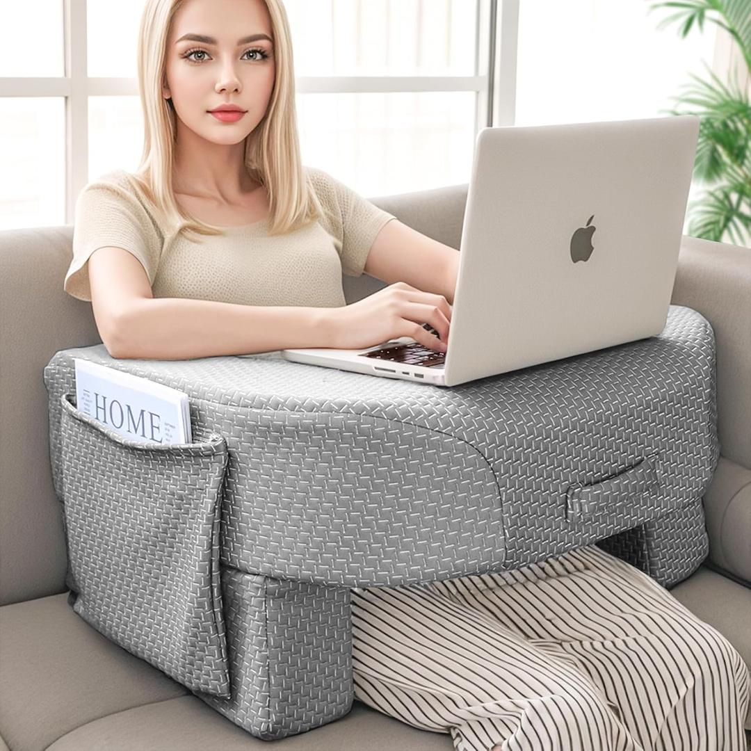 LEBENGURU Reading Pillow for Laptop, Extra Large Armrest Gaming Pillow for Working, Hight Adjustable Lap Desk Pillow for Adult Sitting in Bed, Floor, Sofa (Grey)