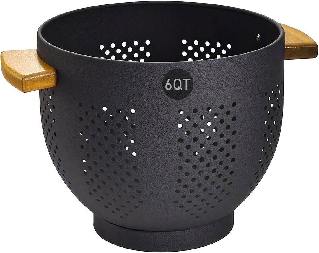 Colander for Kitchen, 6 QT Metal Colander with Wood Handle, Essentials Kitchen Gadgets Strainers and Colanders Food Strainer Basket for Draining Pasta Strainer, Vegetable & Fruit, Black