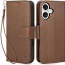 Arae Compatible with iPhone 16 Plus Case Wallet with Card Holder, Wristlet Strap Wallet Flip Cover for iPhone 16 Plus 6.7 inch Men/Women, RFID Blocking, Kickstand, Litchi Coffee