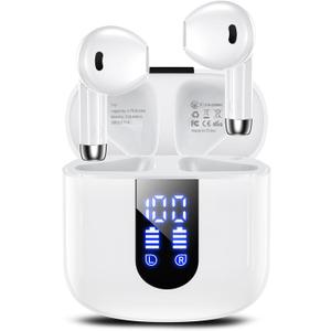 Wireless Earbuds, Bluetooth Headphones with Deep Bass Stereo, 48H Playback Ear Buds with LED Power Display, Lightweight, IPX7, in-Ear Earphones with Mic for iPhone/Android/iPad, White
