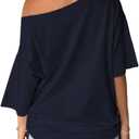 SOLY HUX Women's Graphic Tees Off The Shoulder Letter Print Oversized T Shirt Half Sleeve Casual Summer Tops (Blue, L)