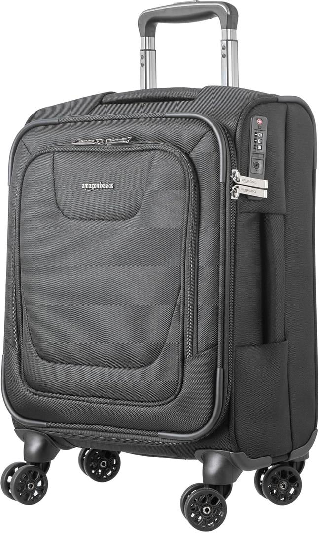 Amazon Basics 20" Carry-On Luggage, Softside Suitcase With TSA Lock, 8 Spinner Wheels, Telescoping Handle, Front Exterior Pocket, 3 Interior Pockets, Black