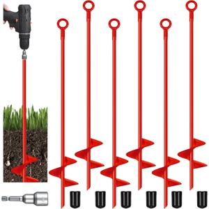 Chumia 6 Pcs 18 Inch Ground Anchor Spiral Blade Heavy Duty Earth Anchors Swing Set Metal Shed Kit for Garden Securing Trees Tents Trampoline Canopies Shelters (Red)