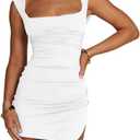 Women's Sexy Summer Sleeveless Tie Waist Back Square Neck Backless Slit Hem Ruched Bodycon Mini Tank Dress (White, L)