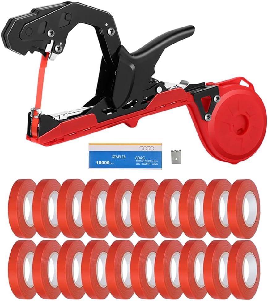 Upgraded Plant Tying Machine,Lightweight Plant Vine Tying Tape Machine Tool with 10000pcs Staples and 20 Rolls Tape,Plant Tape Gun for Tomatoes, Grapes and Vegetable Garden (Red)