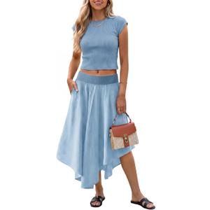 Tankaneo Womens 2 Piece Skirt Set Summer Casual Cap Sleeve Ribbed Crop Tops Midi Dress Vacation Outfits with Pockets