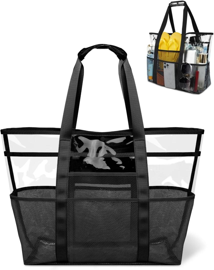 Extra Large Clear Tote Bag: Plastic Waterproof Mesh Beach Tote Bag for Pool Vacation Camping Cruise Essentials Gifts (Black)