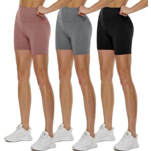 3 Pack High Waisted Biker Shorts for Women 5" Black Workout Yoga Compression Novelty Shorts for Running (XX-Large, Black/ Beige/ Light Grey)