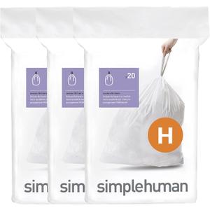 simplehuman Code H 60 Count, Dispenser Pack Custom Fit Liners, Drawstring Trash Bags, 30-35 Liter / 8-9.2 Gallon, White, Pack of 3