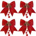 Whaline 4pcs Christmas Bow 9.8 x 11.8in Red Wreaths Bows Christmas Tree Bow Glitter Sequin Xmas Decorative Bows for Home Ornament Decoration Party