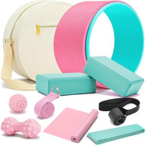 All in One Yoga Wheel Set, Soft Foam Roller Wheel for Back Pain & Stretching, Yoga Blocks 2 Pack with Strap, Trigger Point Therapy Massage Ball for Deep Tissue, Yoga Starter Kit for Beginner (C1, Pink)