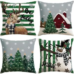 OTOSTAR Set of 4 Grey Christmas Throw Pillow Covers 20x20 Inch Winter Xmas Decorative Pillow Case Cover for Sofa Living Room Holiday Decor (Green- Snowman and Elk)