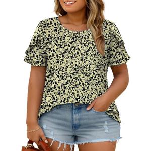 DOLNINE Womens-Plus-Size-Dressy-Summer-Tops Ruffle Petal Short Sleeve T Shirts Casual Loose Tunics Cute Trendy Blouses (XX-Large, Yh004)