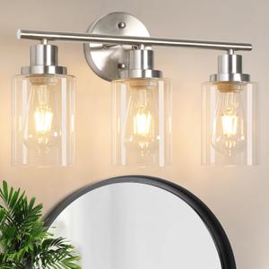 Unicozin 3 Light Vanity Lights, Brushed Nickel Wall Sconce Light with Clear Glass, Bathroom Light Fixtures, Wall Lights for Mirror, Living Room, Bedroom, Hallway, E26 Base (Bulbs Not Included) (Matt Nickel)
