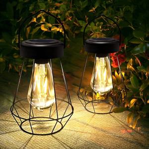 Solar Lanterns Outdoor Lights,Metal Hanging Solar Lights Outdoor Waterproof,Auto On/Off with Edison Bulb Retro Light for Yard Garden Patio Backyard Pathway Decor 2 Pack