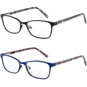 Bifocal Reading Glasses Women Blue Light Blocking With Clear Top Computer Reader Wide Metal Frame Stylish Designer Eyeglasses