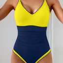 Aidonger One Piece Swimsuit for Women Tummy Control Color Block Bathing Suit V Neck Shell Stitched Tie Back Swimwear (Blue, L)