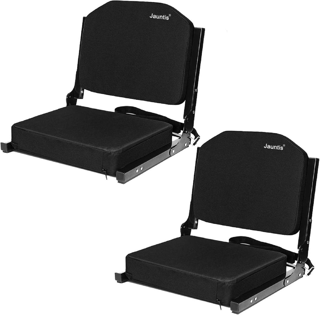 Jauntis Stadium Seats for Bleachers, Bleacher Seats with Ultra Padded Comfy Foam Backs and Cushion, Wide Portable Stadium Chairs with Back Support and Shoulder Strap, 2 Pack, Black, Large - 17.7"W x 14.6"D x 15.9"H