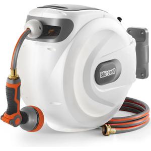 Bltezeit Retractable Garden Hose Reel, 1/2'' x 100ft Hose Reel Wall-Mount with 10-Function Spray Nozzle, Any Length Lock | 180 Swivel | Automatic Slow Rewind | Heavy Duty (White)
