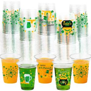 WorldBazaar St. Patrick's Day Disposable Cups 100 pcs Green Shamrock Plastic Drink Cups for Beverages Lucky Irish St. Paddy's Day Party Supplies 12 oz