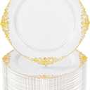 Nervure 100Pcs White and Gold Plastic Plates - 7.5inch Gold Disposable Plates - Heavyweight Plastic Dessert Plate for Wedding & Party