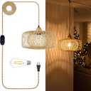 Plug in Pendant Light, Bamboo Hanging Light with Plug in Cord 15ft Dimmable Cord, 12inch Rattan Lamp Shade, Boho Wicker Basket Light Fixture for Farmhouse Living Room Bedroom Dining Room