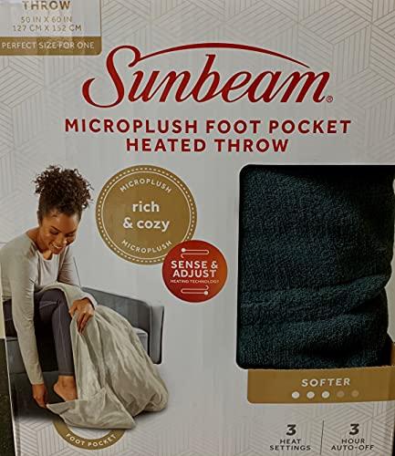 Newell Brands Sunbeam MIcroplush Soft Electric Heated Throw Blanket with Foot Pockets 3 Heat Settings and Auto-Off, Grey, 50''x60'', Full Size