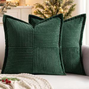 MIULEE Christmas Decorative Throw Pillow Covers for Couch Bed Livingroom 18x18 Inch Set of 2 Dark Green Boho Accent Throw Pllows Broadside Striped Patchwork Soft Corduroy Pillowcases