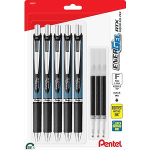 Pentel Energel 0.5 mm Needle Tip Pens - Energel RTX Retractable Liquid Gel Pen Set - Pack of 5 Black Pens & 3 Refills