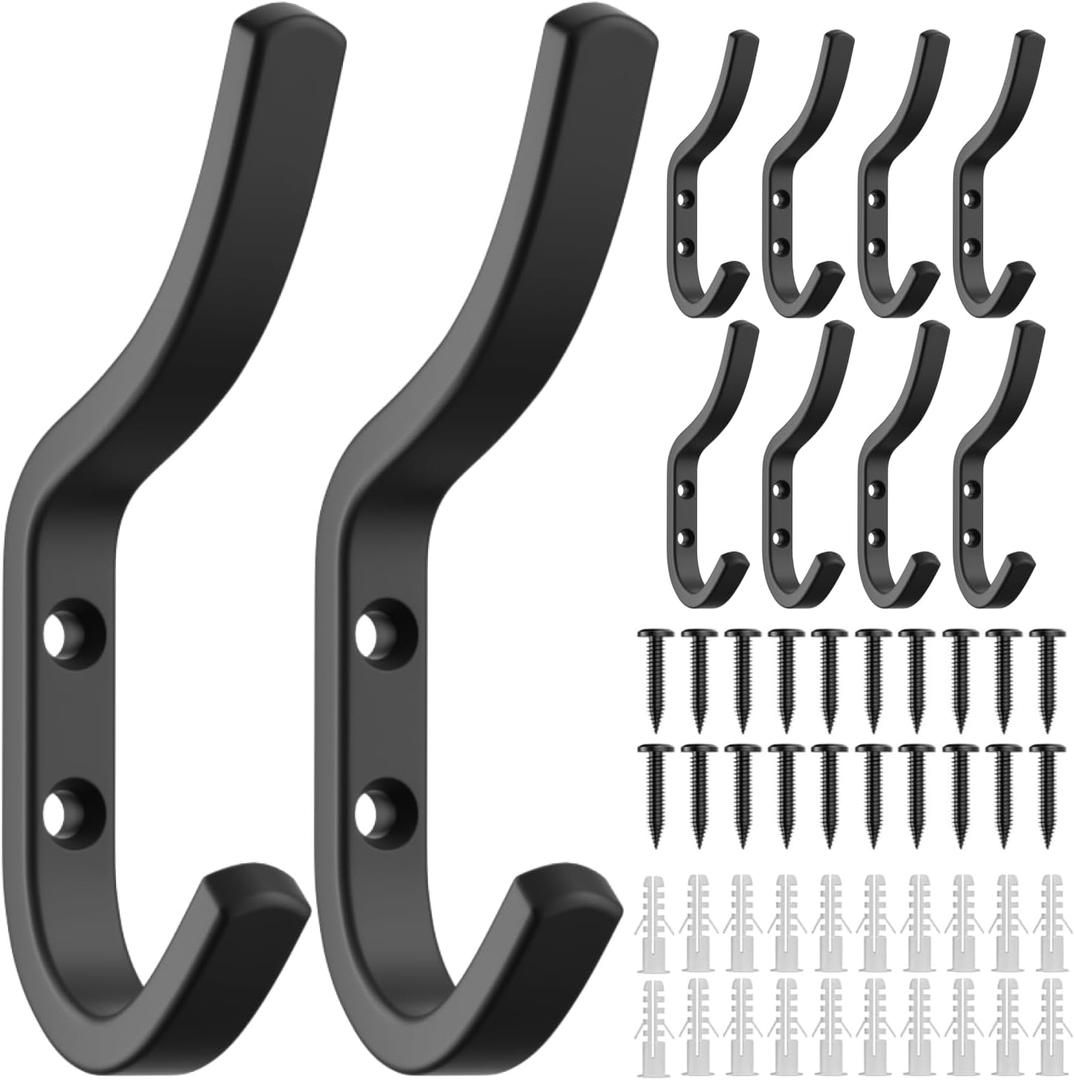 Wall Hooks for Hanging Coat - 10 Pack Black Arc Double Hooks, Sturdy Metal Matte Finish, Organize Coats, Hats, Bags in Entryway, Closet, Bedroom