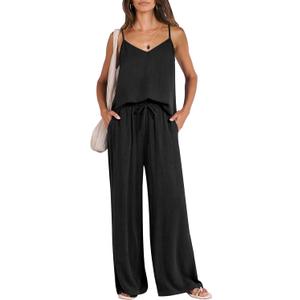 ANRABESS Women's 2 Piece Linen Lounge Set Casual Matching Pants Jumpsuit Summer Beach Travel Vacation Trendy Outfits Black Small