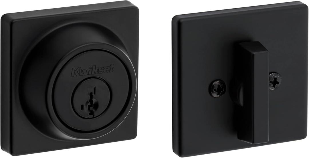 Kwikset 660 Contemporary Deadbolt Deadbolt Lock, Matte Black Square Exterior Keyed Front Entry Door, Pick Resistant SmartKey Rekey Security, Single Cylinder Dead Bolt