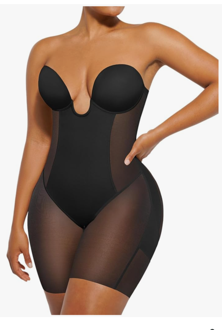 SHAPELLX Strapless Shapewear for Women Deep Plunge Corset Tummy Control Backless Bodysuit Mid Thigh Full Body Shaper, Size XL
