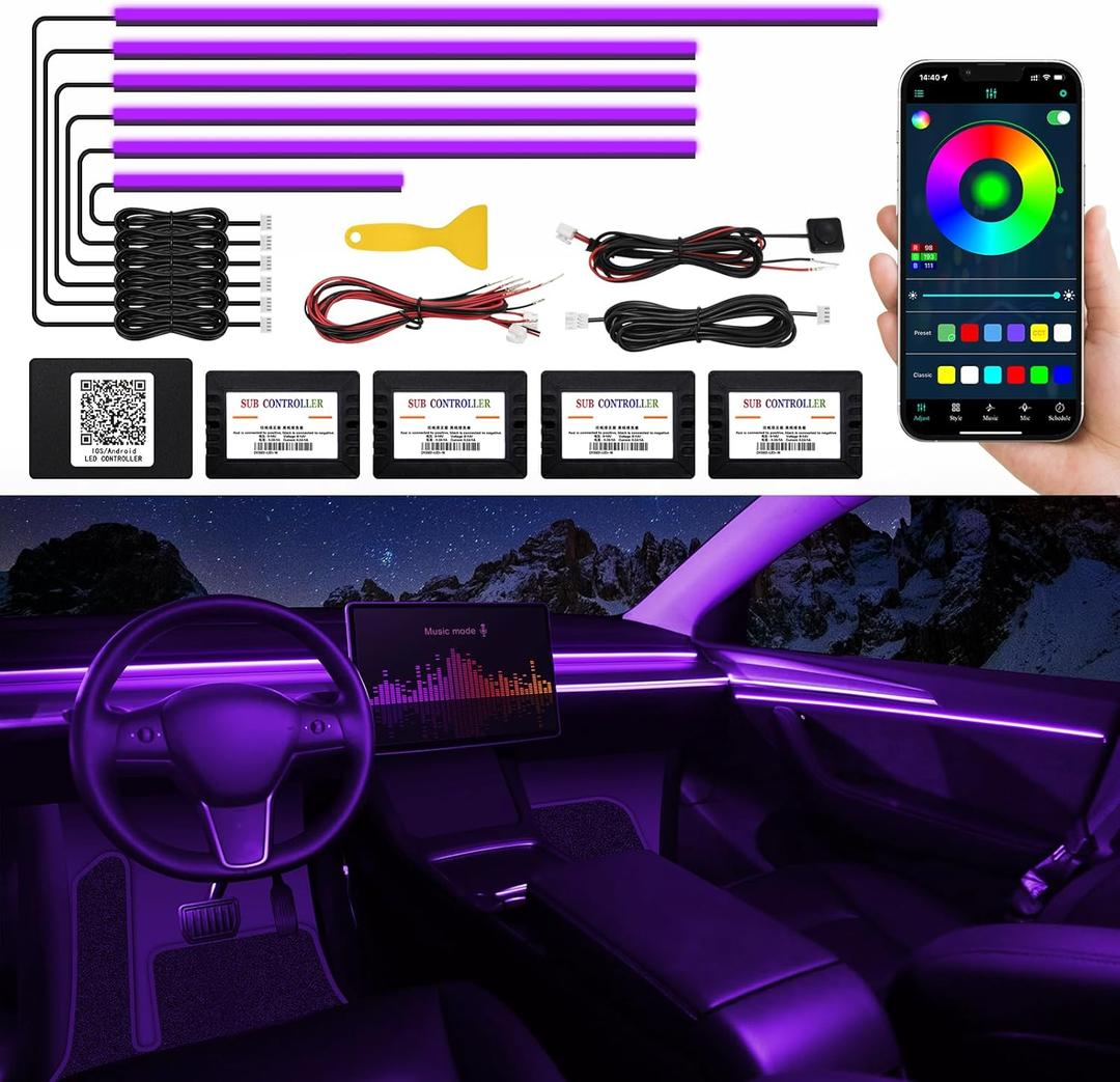 Acrylic Interior Car LED Strip Light with Wireless APP, RGB Dreamcolor 6 in 1 with 175 inches 593 LEDs Fiber Optic Ambient Lighting Kits, 16 Million Colors Sound Active Function Car Neon Lights