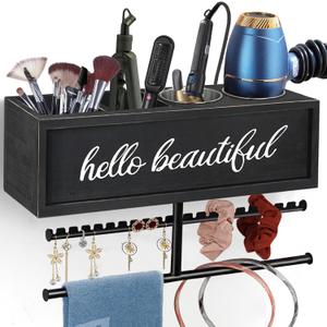 Rustic Hair Dryer Holder Wall Mounted,Hair Styling Tools & Accessories Organizer,Bathroom Supplies & hot Tools vanities Organizer Caddy,for Storage Flat Iron,Blow Dryer,Curling Iron,Towel (Black)