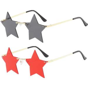 Star Rimless Sunglasses Women/Men Unique Pentagram Party glasses Prom Streetwear (Black+red)