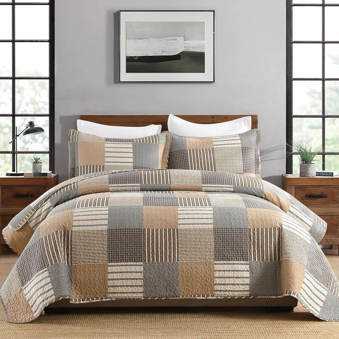 PANGUSHAN 100% Cotton Quilt Set Queen Size, Farmhouse Plaid Lightweight Comforter Rustic Bedding Set Quilted Bedspread, Gray/Brown/Beige Quilt for Queen Bed, 3 Pieces (Queen(90"x98"))