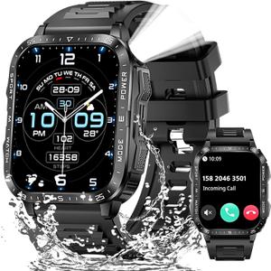Military Smart Watches for Men (Make/Answer Call) with LED Flashlight 1.96" Big Screen 430mAh Fitness Tracker with Sport Modes Heart Rate Monitor Rugged Smartwatch for iPhone Android (Charcoal)