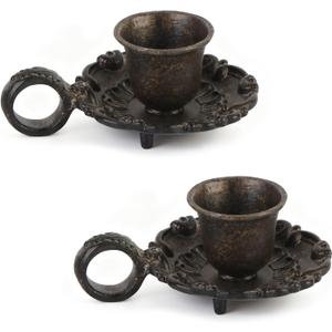 2 x NIKKY HOME Taper Candle Holders with Handle, Set of 2 Rustic Metal Candlestick for Table Centerpieces, Wedding Decor and Dinner Party, Brown