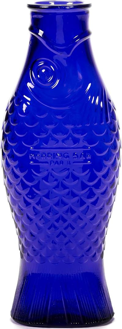 Glass Water Pitcher | Fish & Fish glassware by Paola Navone | Wine Carafe Decanter 28.74 fl oz | Clear Dark Blue Bottle Container, hot & cold Drinks | Fridge Beverage Dispenser, Suitable as Vase