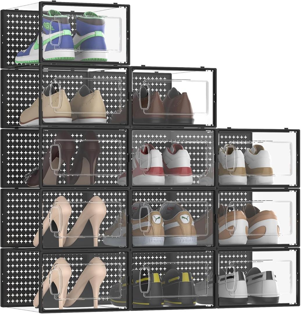 12 Pack Large Shoe Storage Box Organizer for Closet, Versatile Clear Plastic Stackable Sneaker Shoe Rack Containers Bins Holders, Portable Closet Organizers and Storage, Black