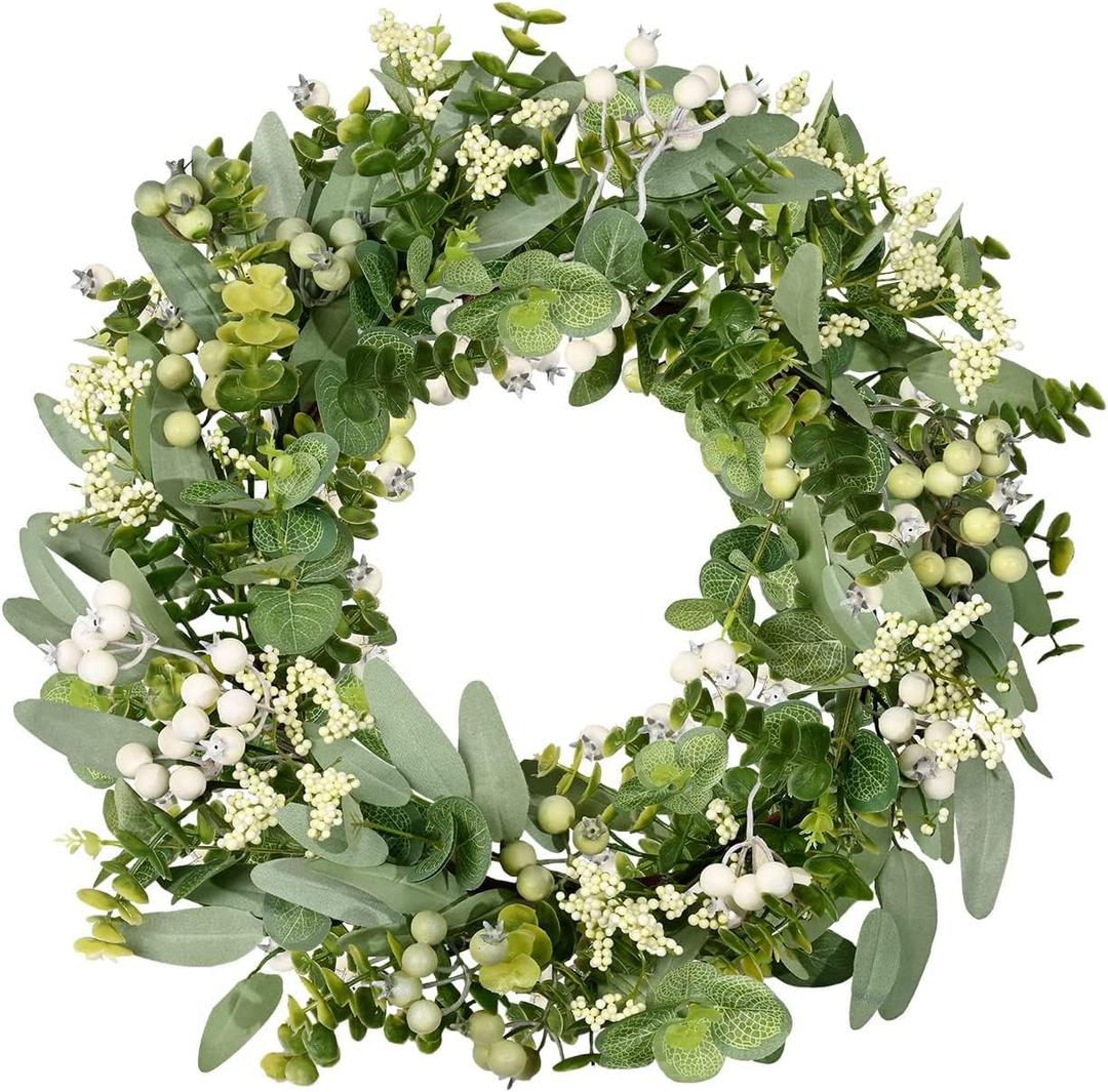 Vlorart Artificial Spring Summer Christmas Greenery Wreaths for Front Door Green Eucalyptus Leaf Wreath Decor Boxwood with Big Berries for Farmhouse Outside Year Round (18'')