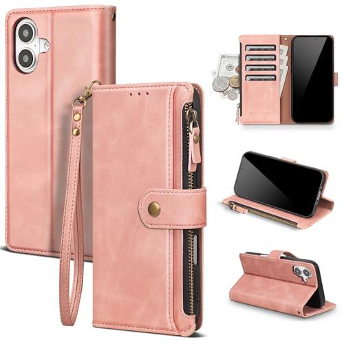 Scutumate Compatible with iPhone 16 Plus Wallet Case with Card Holder RFID Blocking Zipper Poket PU Leather Flip Case with Wrist Strap Credit Card Slots Men Women,for Apple 16 Plus,Rose Gold