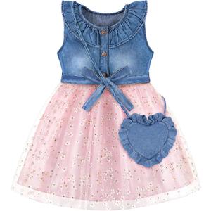 HONGTEYA Toddler Girl Dress Baby Denim Dress Summer Clothes Outfit with Cute Bag 12-18M